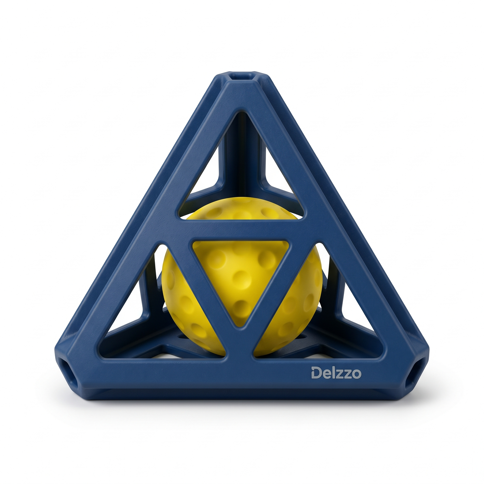 Delzzo Durable Geometric Pyramid Dog Puzzle Toy with Ball - Blue & Yellow (Interactive Rubber Chew & Fetch Toy for Medium & Large Dogs)